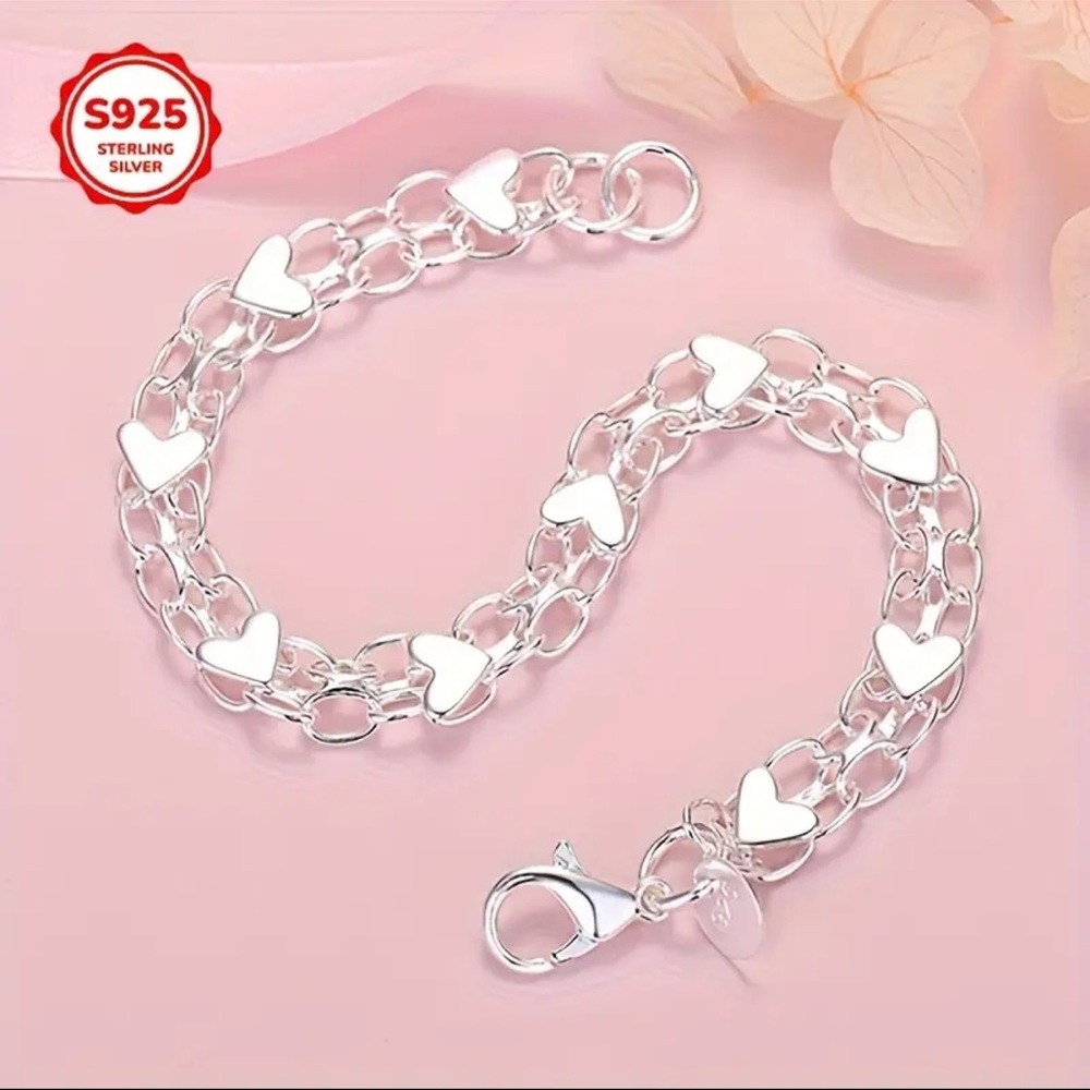 925 Sterling Silver Heart Link Bracelet Double Chain Layered Style NWT
